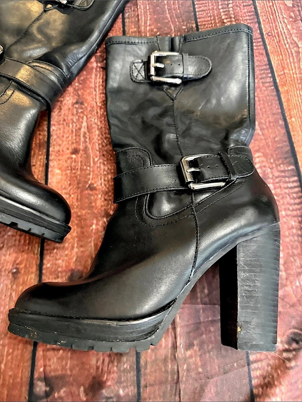 Donald J Pliner Black Buckle Platform Heeled Boots - Picture 4 of 9